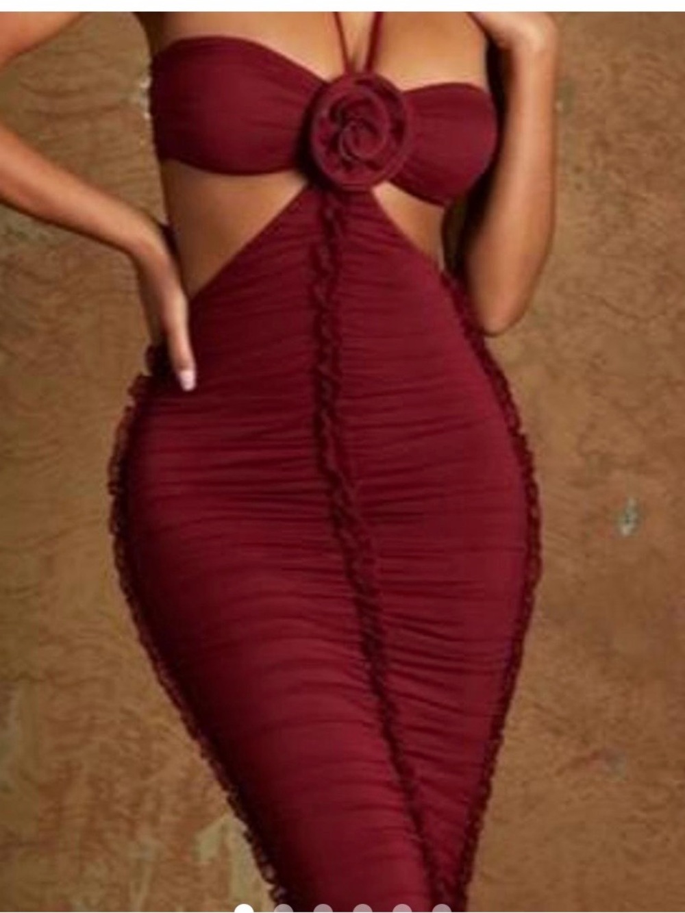 Oh Polly Red One-Shoulder Ruched Midi Dress with Ring Accent